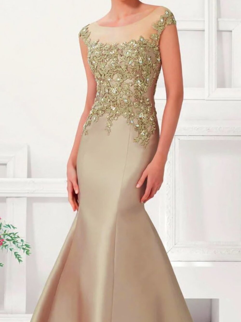 Elegant Beaded Illusion Neck Maxi Dress in Champagne